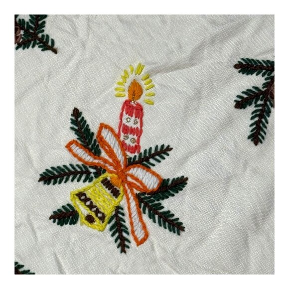 Vtg Round Christmas Tablecloth Festive Embroidery Needlepoint Candle Bell 43" - Picture 2 of 5